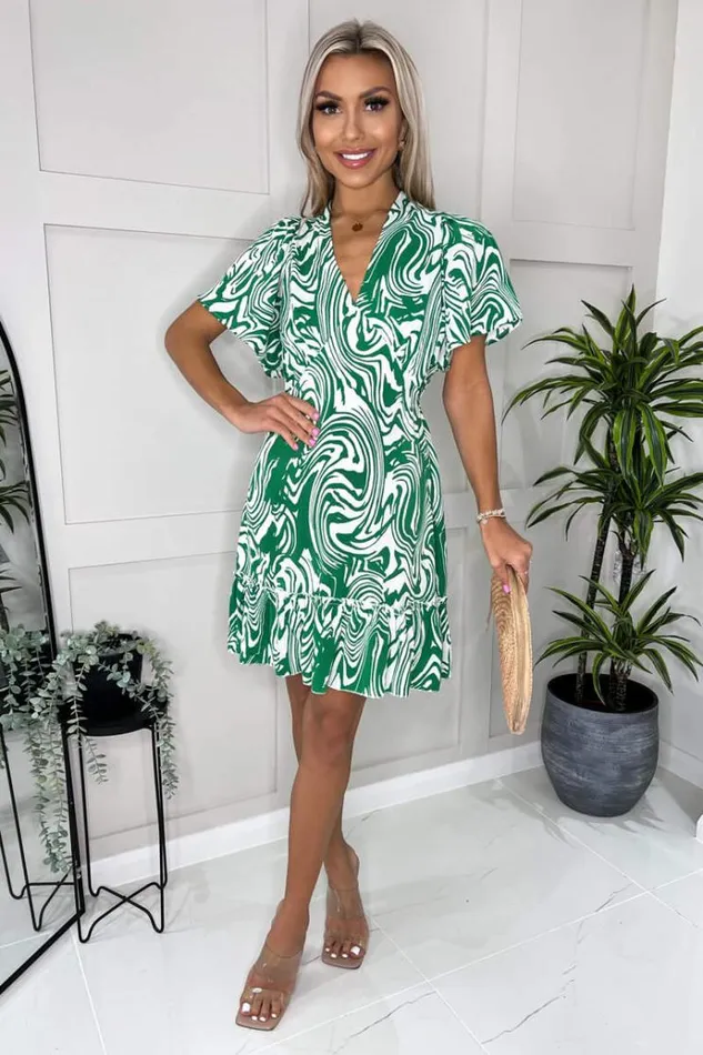 AX Paris Green And White Printed V Neck Short Sleeve Ruffle Hem Mini Dress Women Dresses