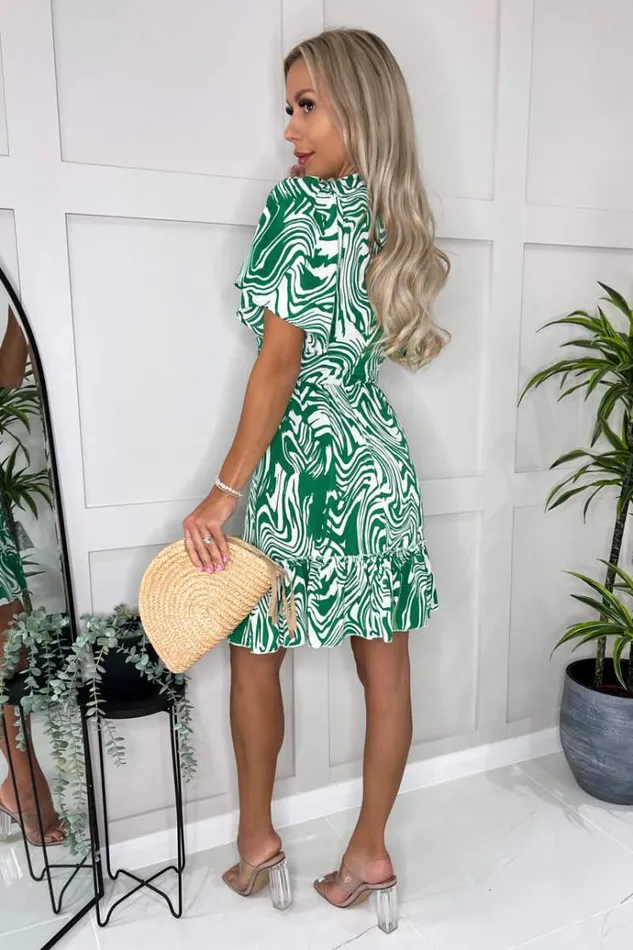 AX Paris Green And White Printed V Neck Short Sleeve Ruffle Hem Mini Dress Women Dresses