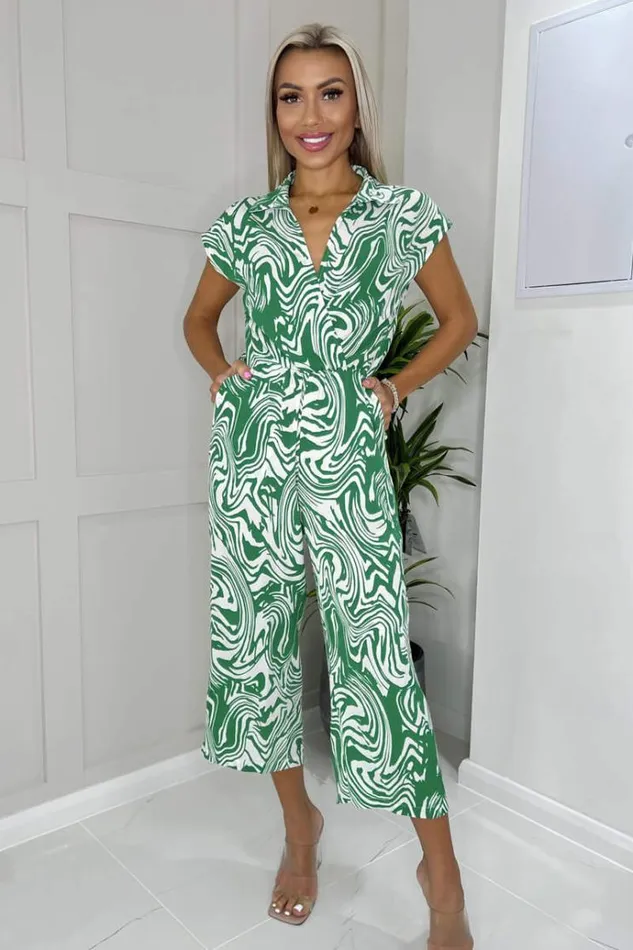AX Paris Green And White Printed V Neck Wrap Top Jumpsuit Women Jumpsuits And Playsuits