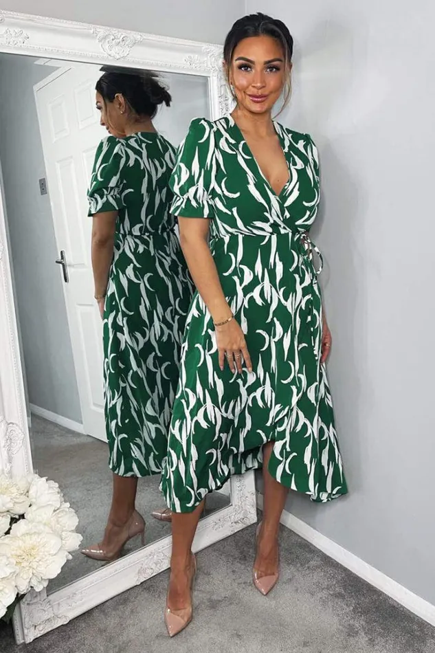 AX Paris Green And White Printed Wrap Side Tie Midi Dress Women Dresses