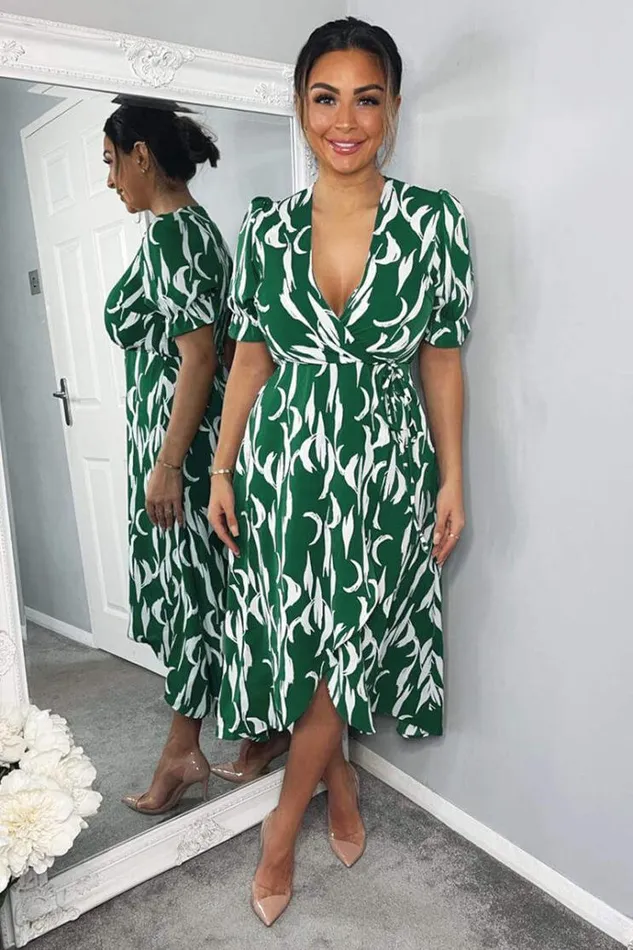 AX Paris Green And White Printed Wrap Side Tie Midi Dress Women Dresses