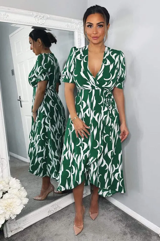 AX Paris Green And White Printed Wrap Side Tie Midi Dress Women Dresses