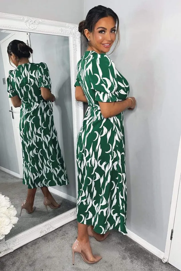 AX Paris Green And White Printed Wrap Side Tie Midi Dress Women Dresses