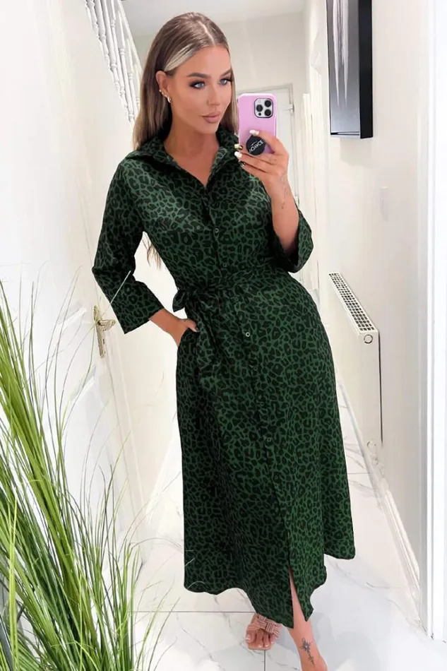 AX Paris Green Animal Print Belted Midi Shirt Dress Women Dresses