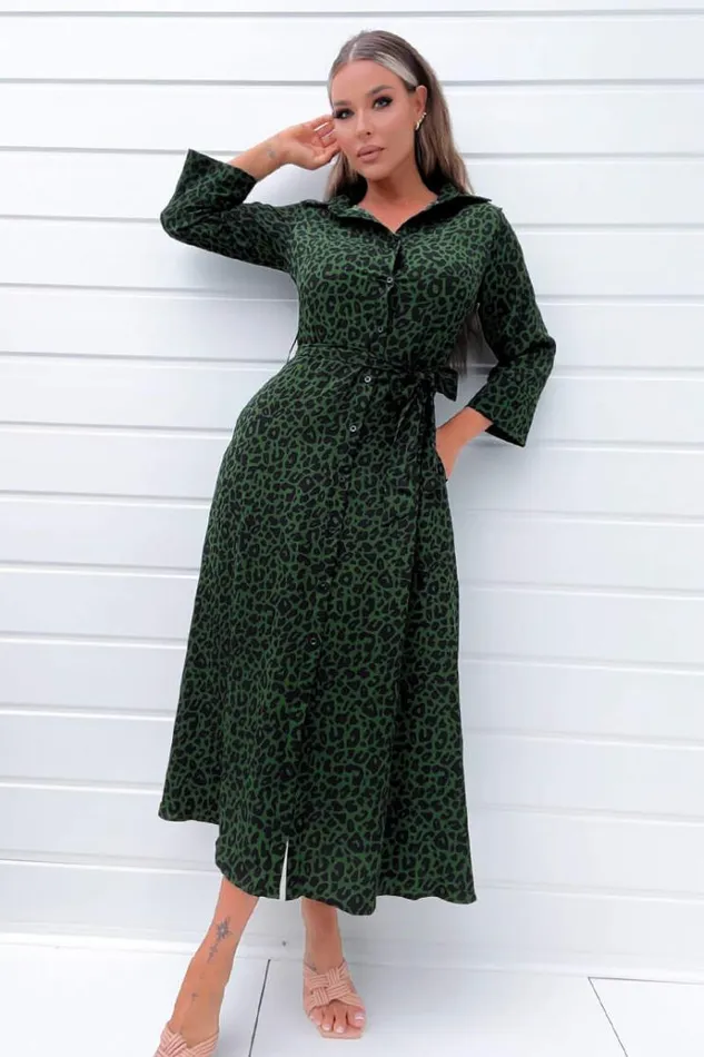 AX Paris Green Animal Print Belted Midi Shirt Dress Women Dresses