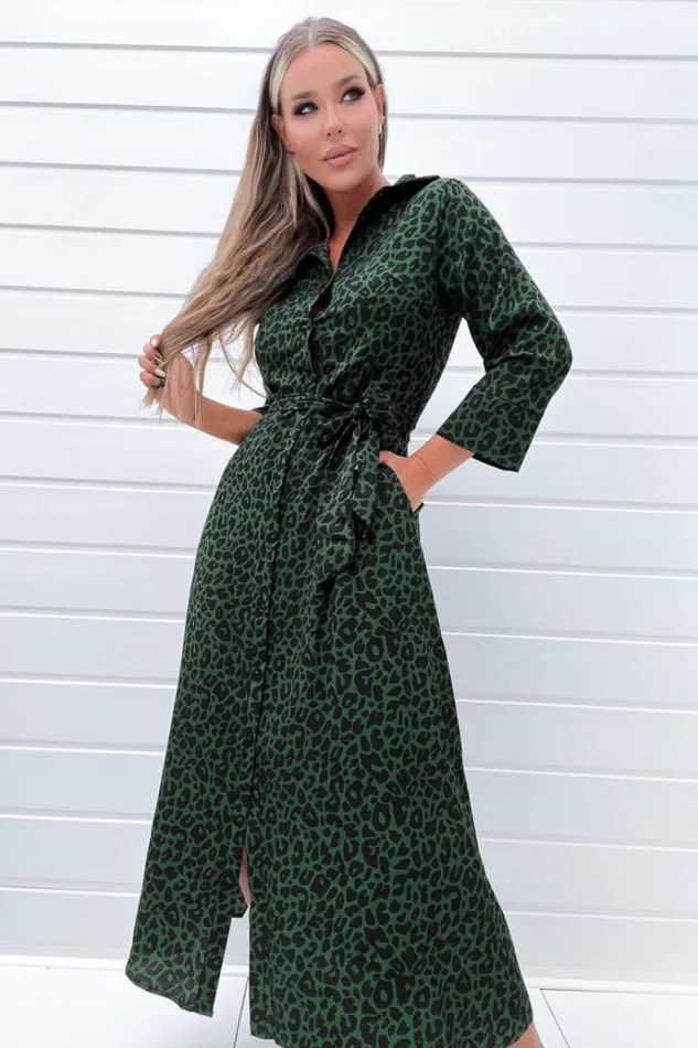 AX Paris Green Animal Print Belted Midi Shirt Dress Women Dresses