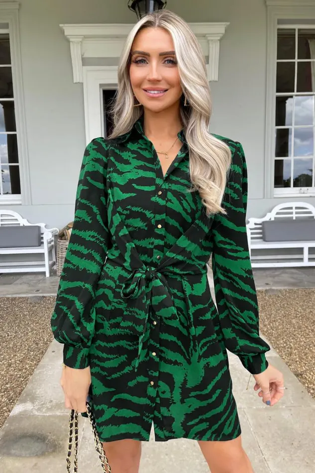 AX Paris Green Animal Print Button Front Shirt Dress Women Dresses