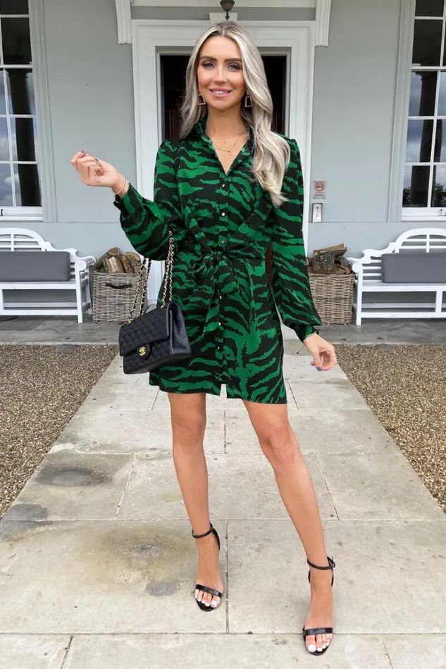 AX Paris Green Animal Print Button Front Shirt Dress Women Dresses