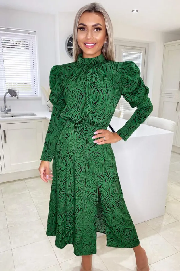 AX Paris Green Animal Print Gathered Sleeve Split Midi Dress Women Dresses