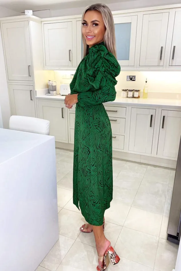 AX Paris Green Animal Print Gathered Sleeve Split Midi Dress Women Dresses