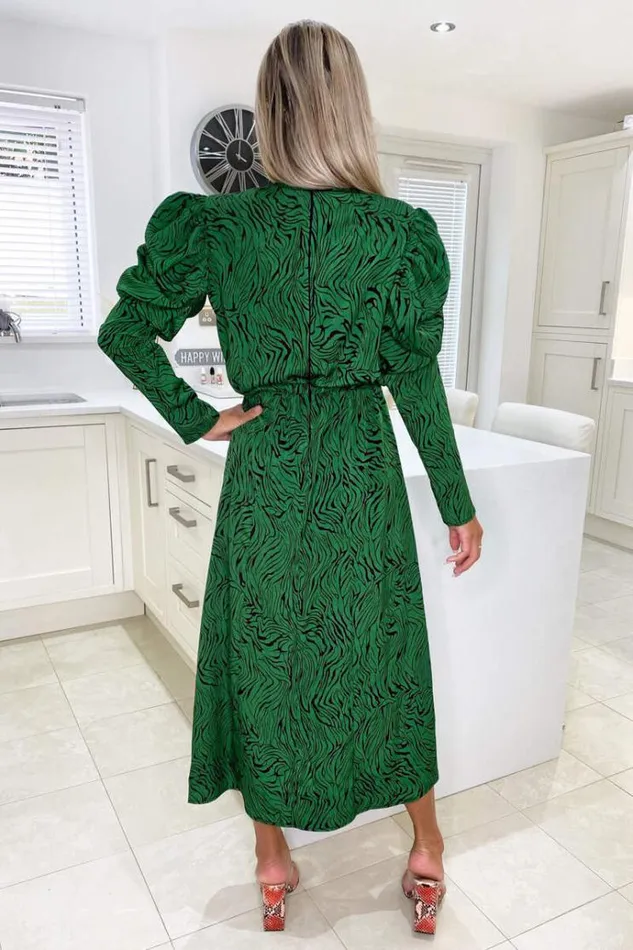 AX Paris Green Animal Print Gathered Sleeve Split Midi Dress Women Dresses