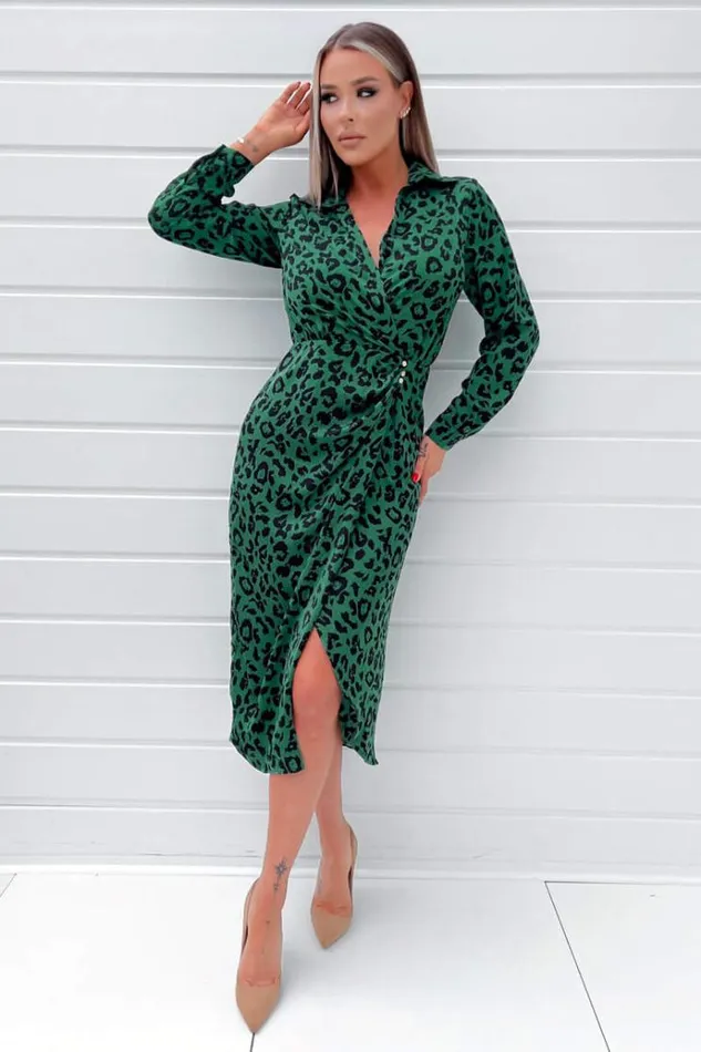 AX Paris Green Animal Print Gold Button Gathered Midi Dress Women Dresses