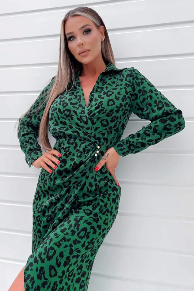 AX Paris Green Animal Print Gold Button Gathered Midi Dress Women Dresses