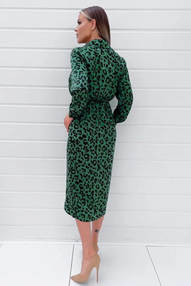 AX Paris Green Animal Print Gold Button Gathered Midi Dress Women Dresses