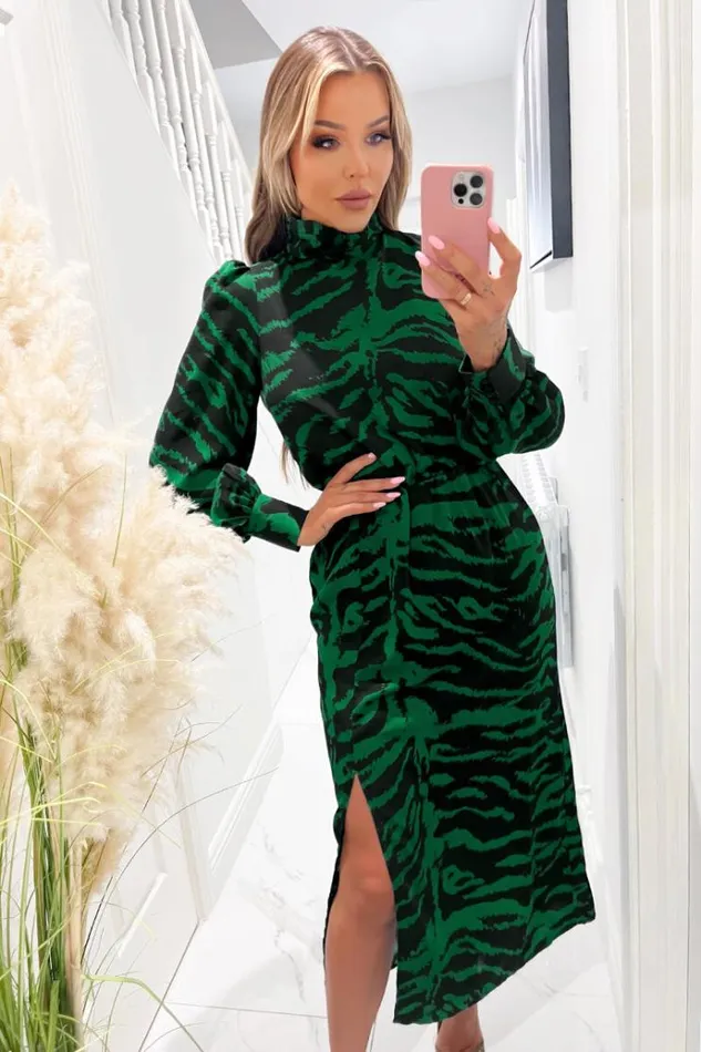 AX Paris Green Animal Print High Neck Long Sleeve Midi Dress Women Dresses