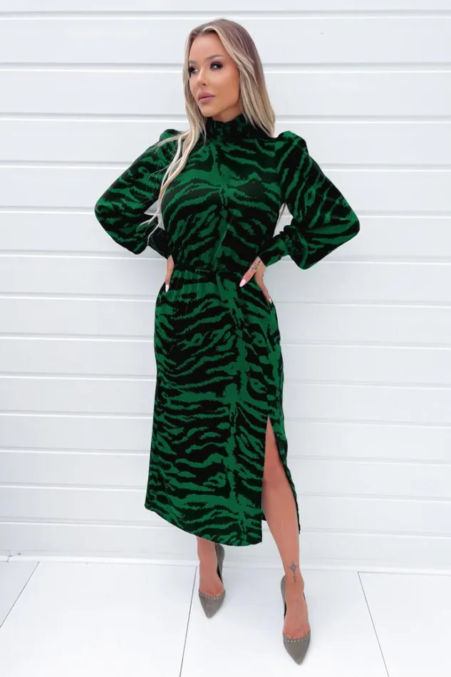 AX Paris Green Animal Print High Neck Long Sleeve Midi Dress Women Dresses