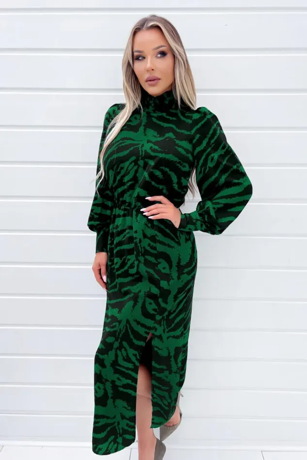 AX Paris Green Animal Print High Neck Long Sleeve Midi Dress Women Dresses