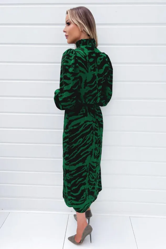 AX Paris Green Animal Print High Neck Long Sleeve Midi Dress Women Dresses