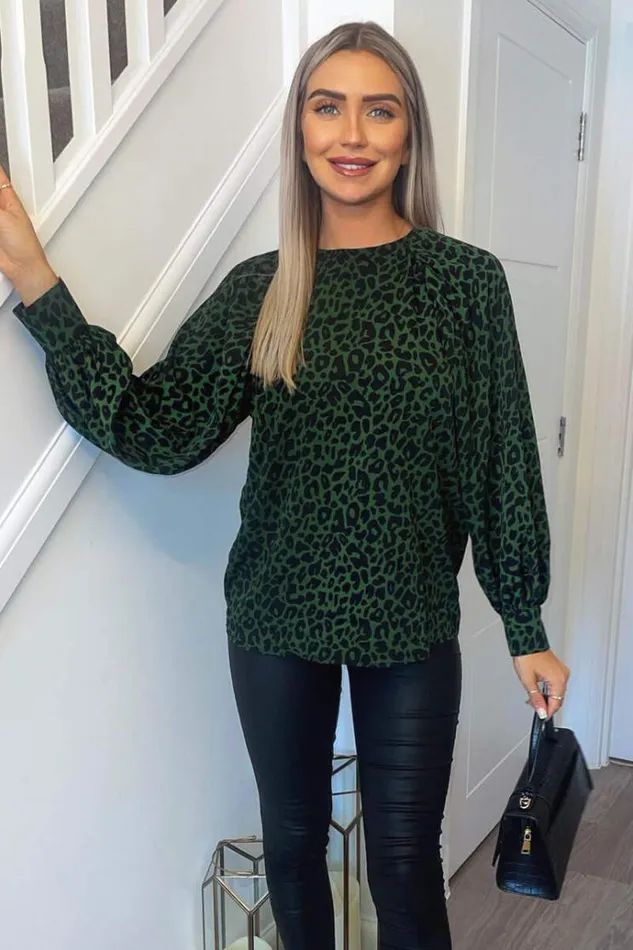 AX Paris Green Animal Print Long Sleeve Top Women Tops