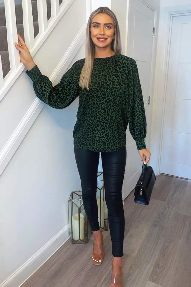 AX Paris Green Animal Print Long Sleeve Top Women Tops