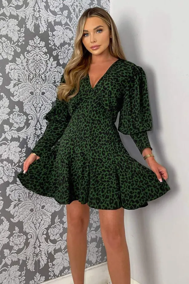 AX Paris Green Animal Print VNeck Long Sleeve Skater Dress Women Dresses