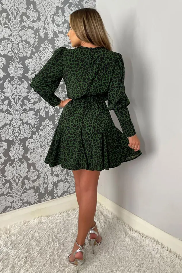 AX Paris Green Animal Print VNeck Long Sleeve Skater Dress Women Dresses
