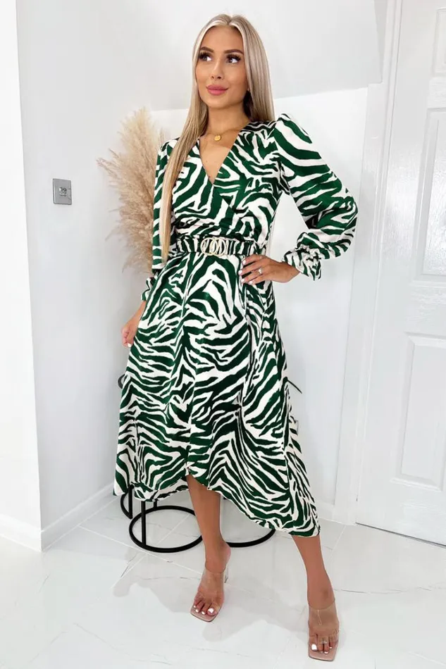 AX Paris Green Animal Printed Belted Midi Dress Women Dresses