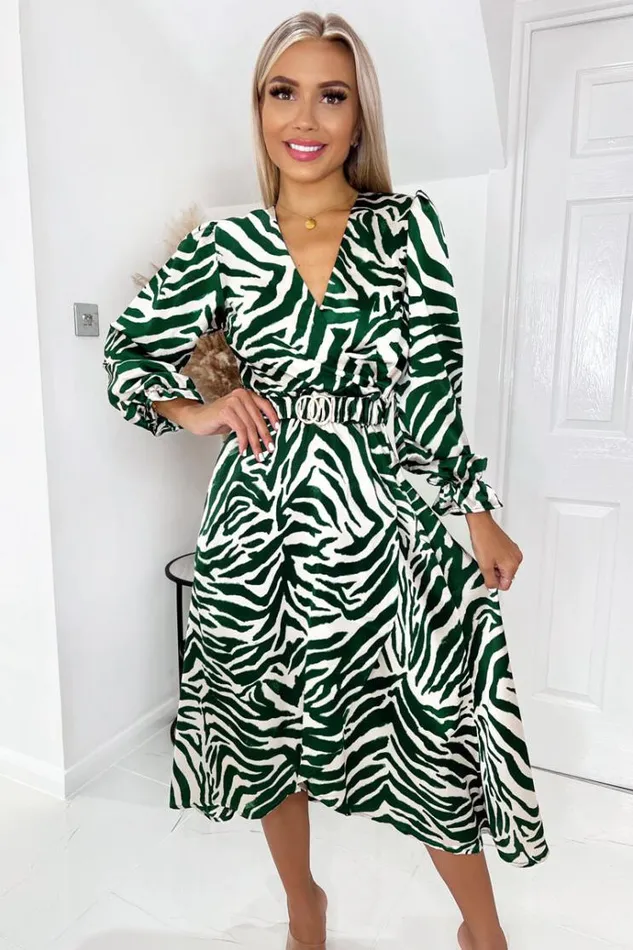 AX Paris Green Animal Printed Belted Midi Dress Women Dresses