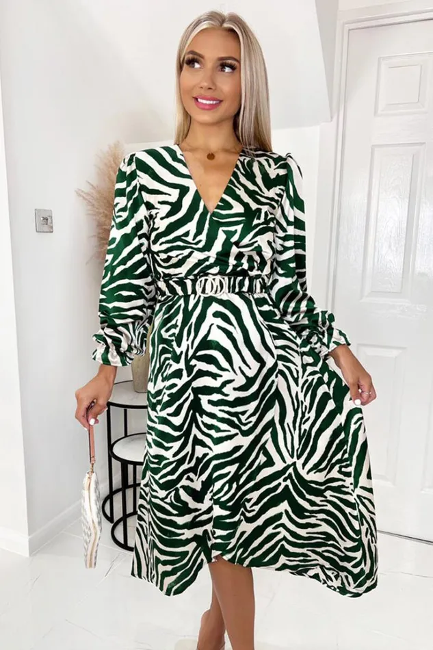 AX Paris Green Animal Printed Belted Midi Dress Women Dresses