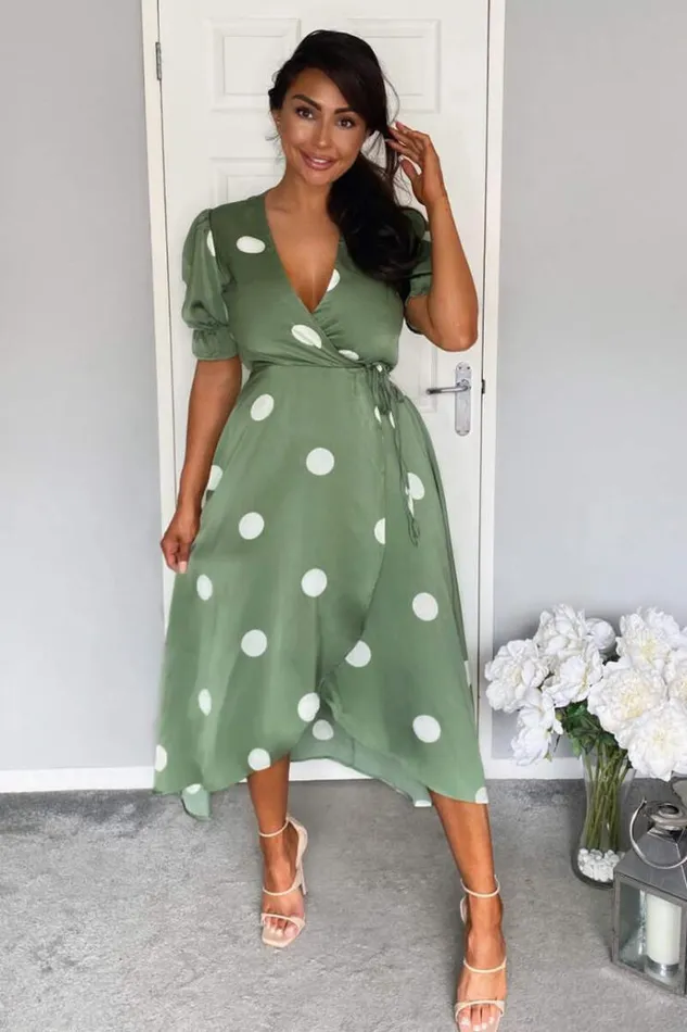 AX Paris Green Dot Print Wrap Over Midi Dress Women Dresses