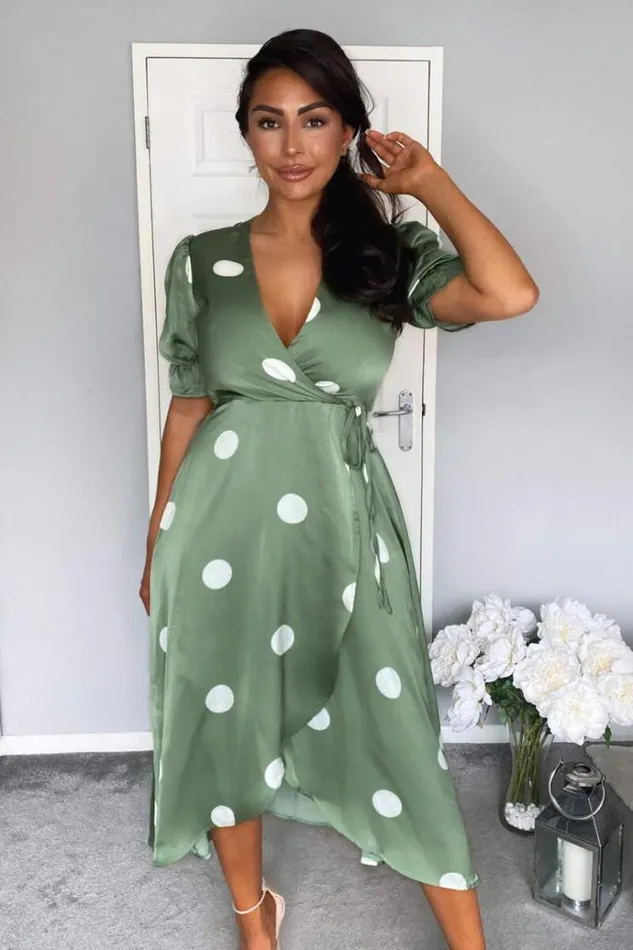 AX Paris Green Dot Print Wrap Over Midi Dress Women Dresses