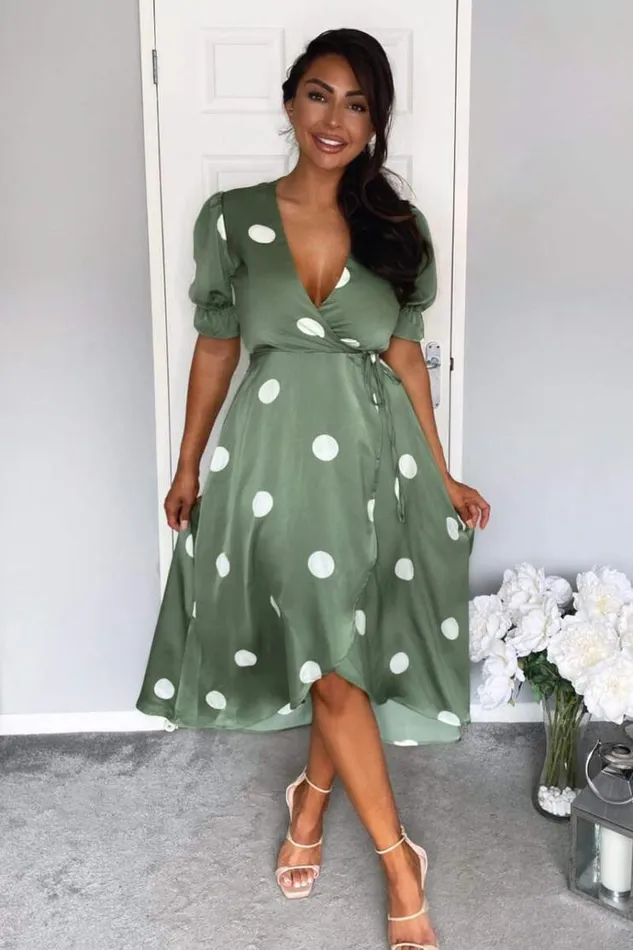 AX Paris Green Dot Print Wrap Over Midi Dress Women Dresses