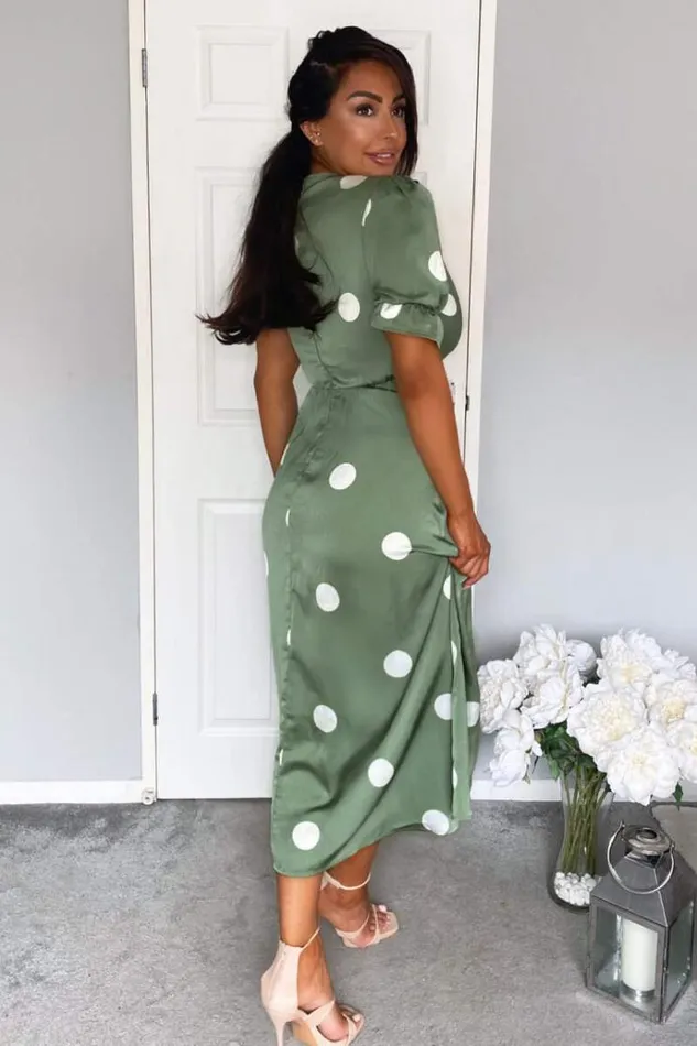 AX Paris Green Dot Print Wrap Over Midi Dress Women Dresses