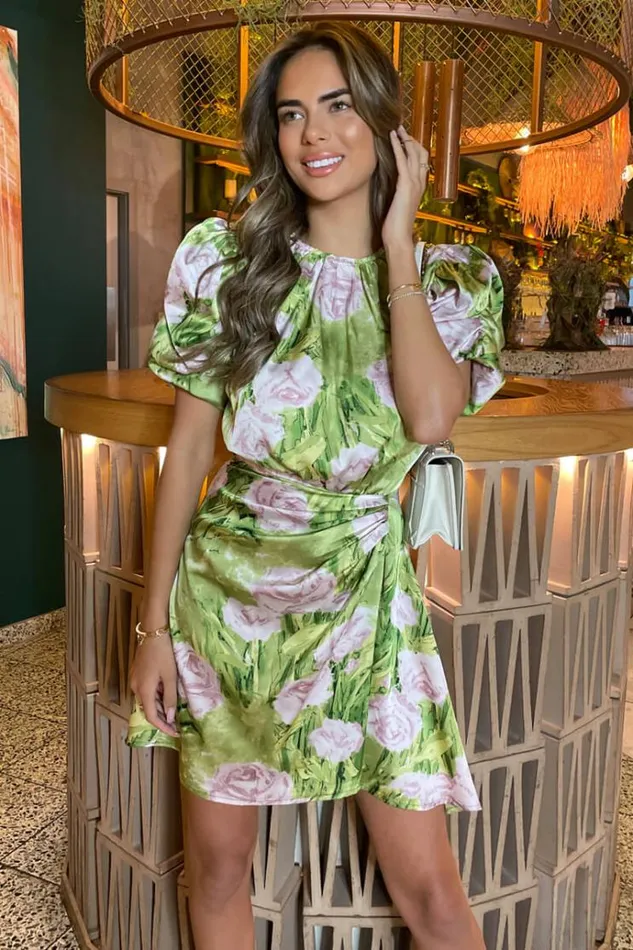 AX Paris Green Floral Print Short Puff Sleeve Gathered Side Mini Dress Women Dresses AX Paris Green Floral Print Short Puff Sleeve Gathered Side Mini Dress Women Dresses