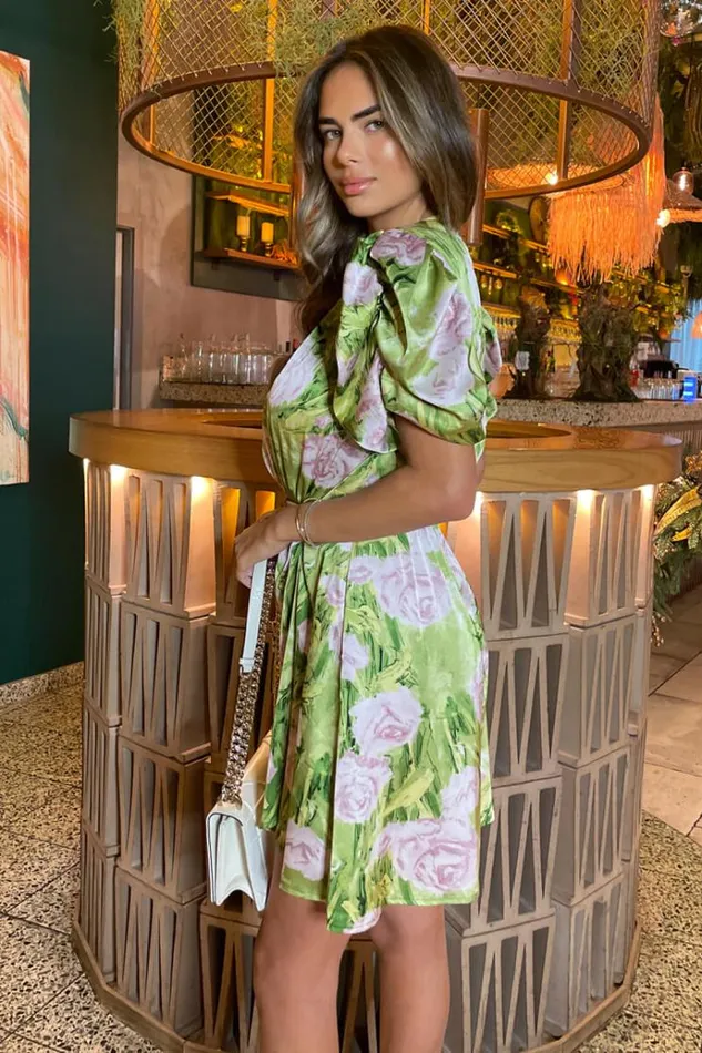 AX Paris Green Floral Print Short Puff Sleeve Gathered Side Mini Dress Women Dresses