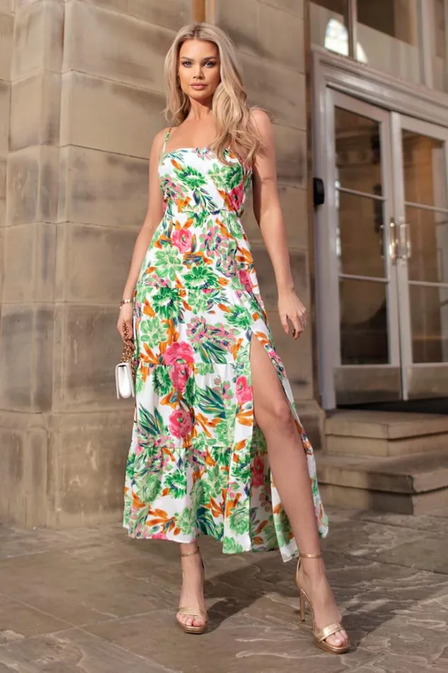 AX Paris Green Floral Print Strappy Smock Midi Dress Women Dresses