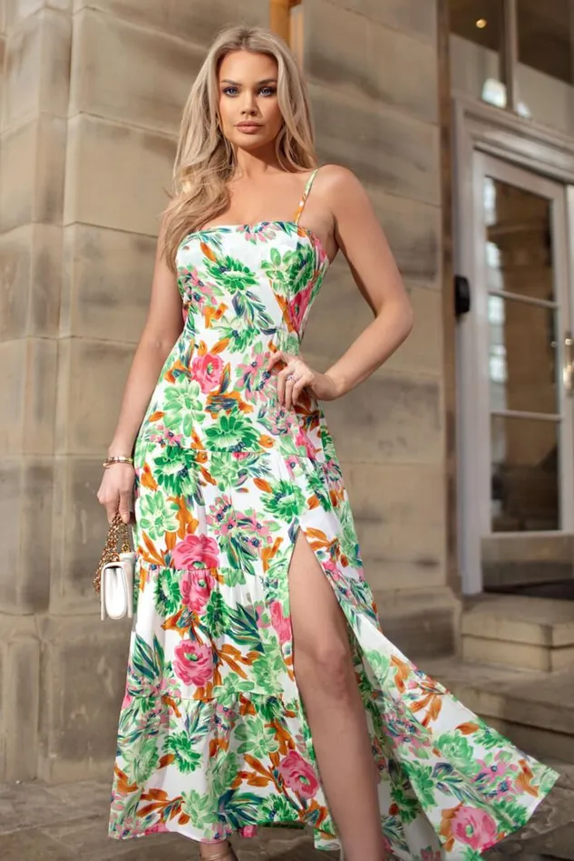 AX Paris Green Floral Print Strappy Smock Midi Dress Women Dresses