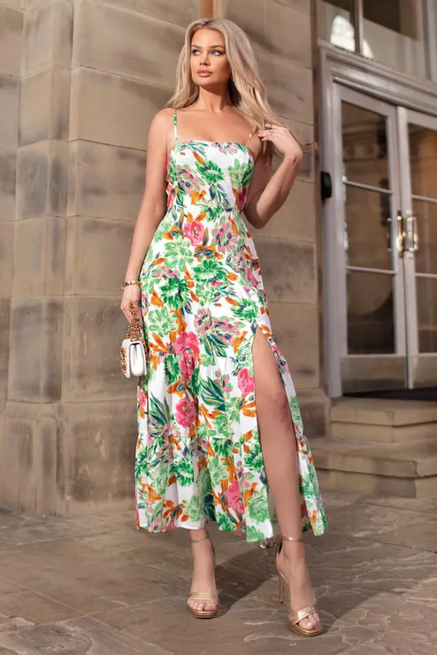 AX Paris Green Floral Print Strappy Smock Midi Dress Women Dresses