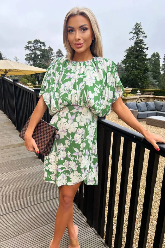 AX Paris Green Floral Printed Batwing Mini Dress Women Dresses