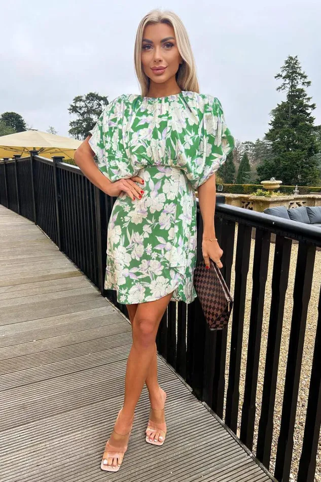 AX Paris Green Floral Printed Batwing Mini Dress Women Dresses