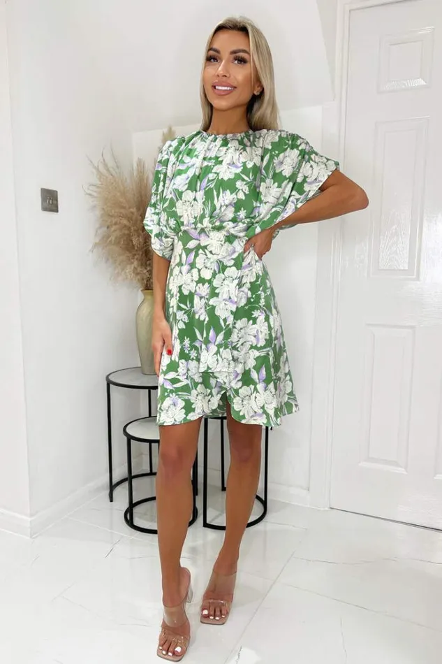 AX Paris Green Floral Printed Batwing Mini Dress Women Dresses