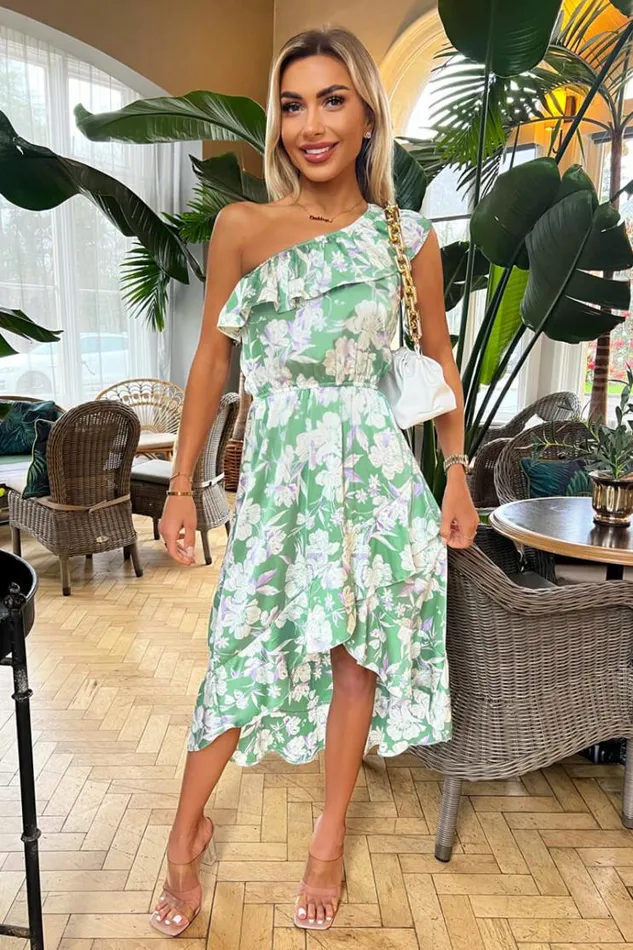 AX Paris Green Floral Printed One Shoulder Frill Detail Dipped Hem Dress Women Dresses AX Paris Green Floral Printed One Shoulder Frill Detail Dipped Hem Dress Women Dresses