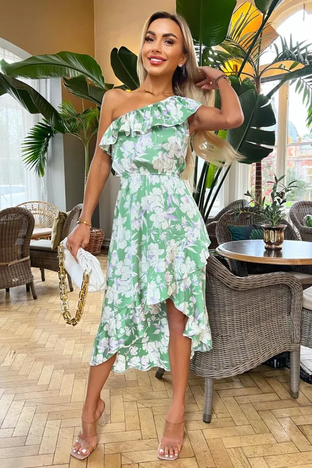 AX Paris Green Floral Printed One Shoulder Frill Detail Dipped Hem Dress Women Dresses