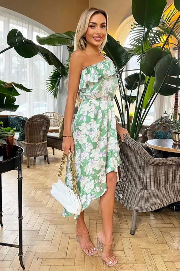 AX Paris Green Floral Printed One Shoulder Frill Detail Dipped Hem Dress Women Dresses