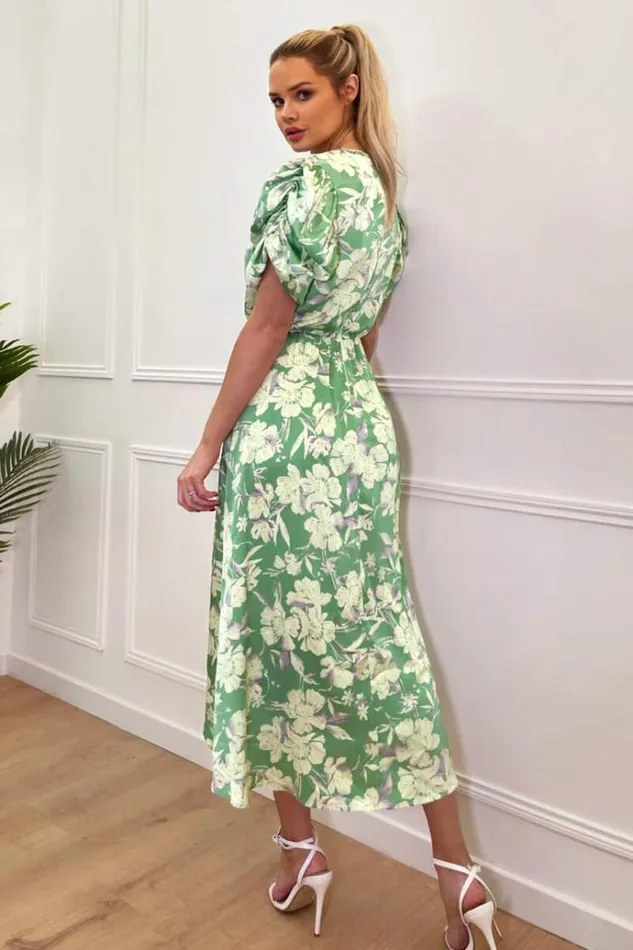 AX Paris Green Floral Printed Short Puff Sleeve Gathered Side Midi Dress Women Dresses