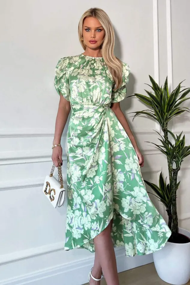 AX Paris Green Floral Printed Short Puff Sleeve Gathered Side Midi Dress Women Dresses