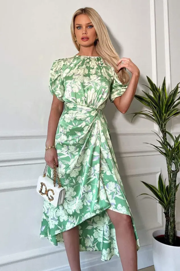 AX Paris Green Floral Printed Short Puff Sleeve Gathered Side Midi Dress Women Dresses