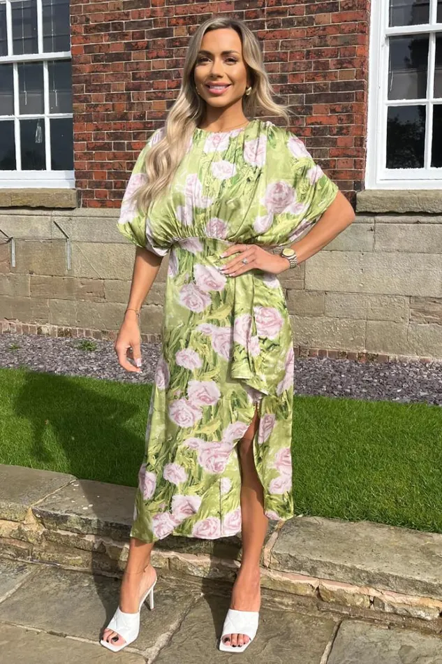 AX Paris Green Floral Satin Batwing Top Wrap Skirt Midi Dress Women Dresses