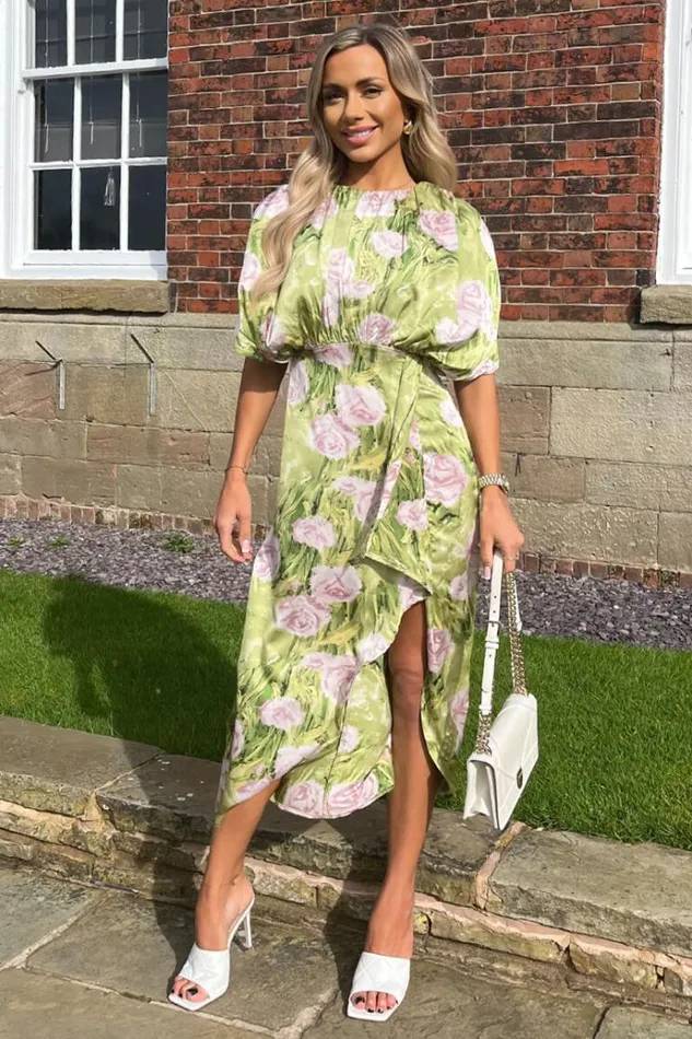AX Paris Green Floral Satin Batwing Top Wrap Skirt Midi Dress Women Dresses