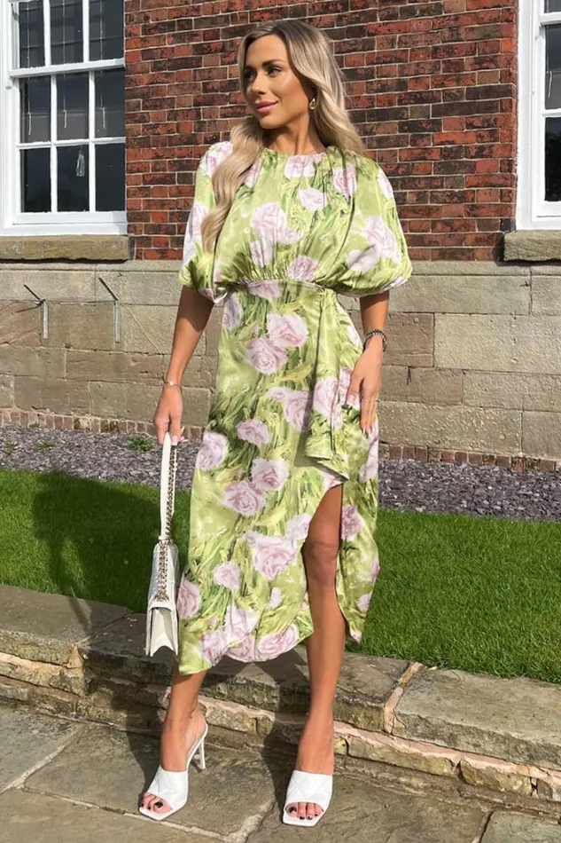 AX Paris Green Floral Satin Batwing Top Wrap Skirt Midi Dress Women Dresses